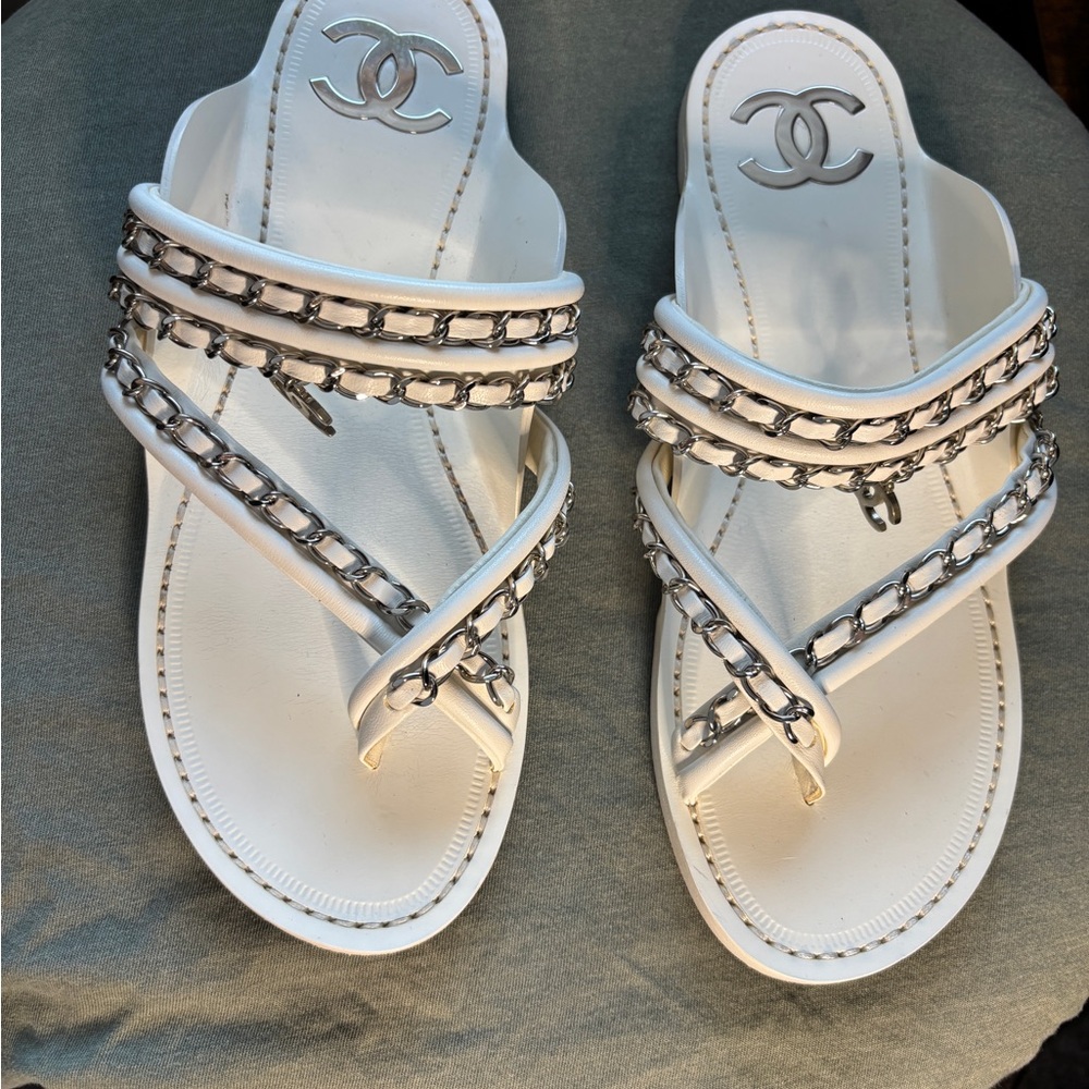 CHANEL White and Silver Chain Women's Sandals